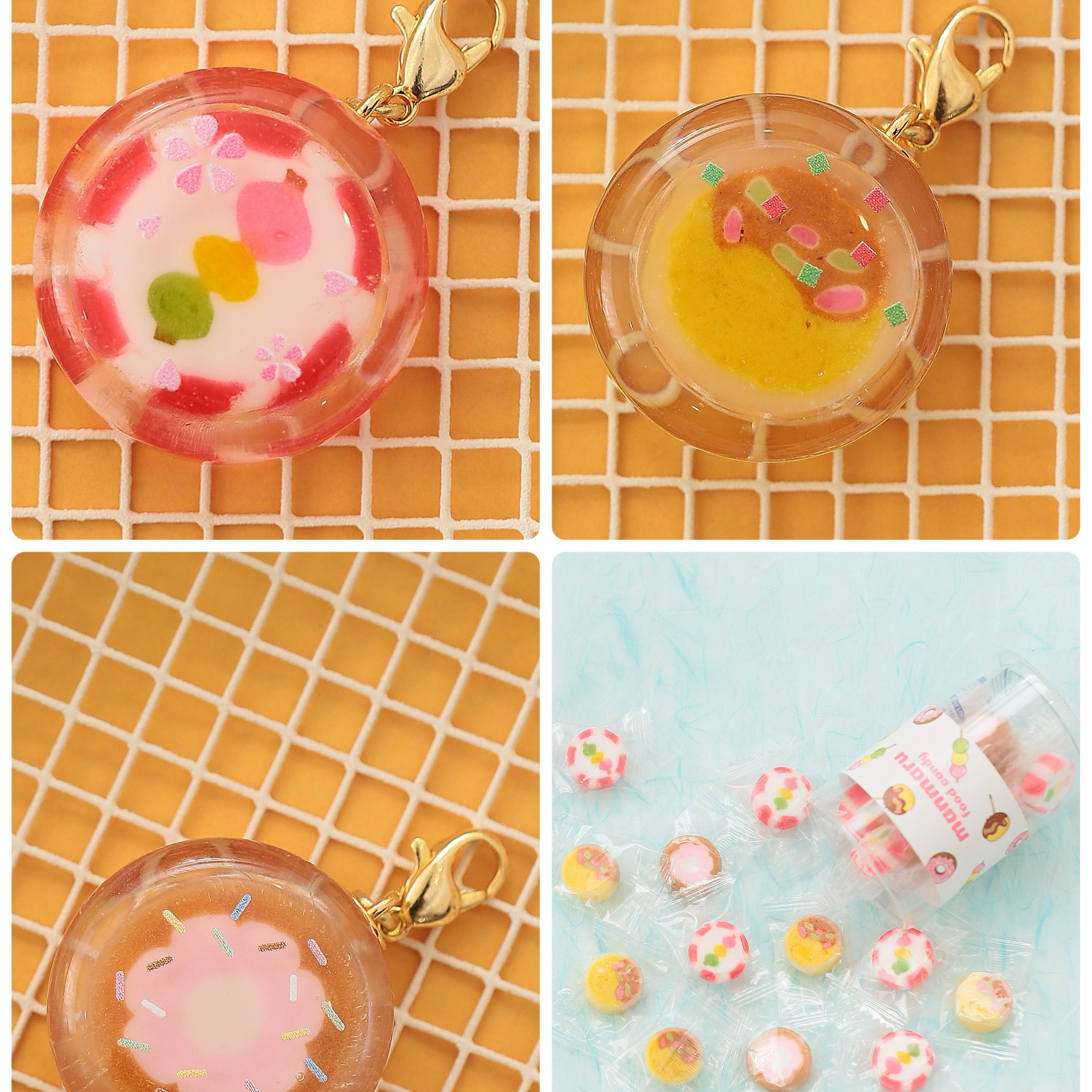 【新商品】飴のチャーム　ドーナツ　たこやき　3色だんご　まんまる菓子の飴